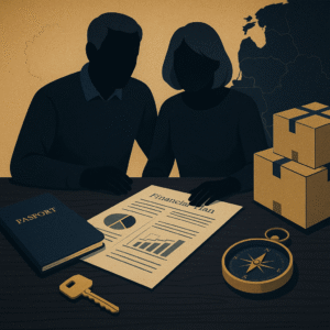 Retirement relocation planning with passport, home key, compass, and financial plan
