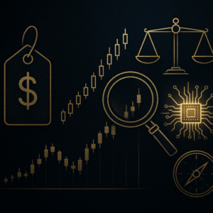 Abstract investment valuation image with compass, price tag, chart, and financial research symbols