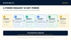 Six-step power delivery relay from a power request through contract, permits, grid connection, energization and revenue.